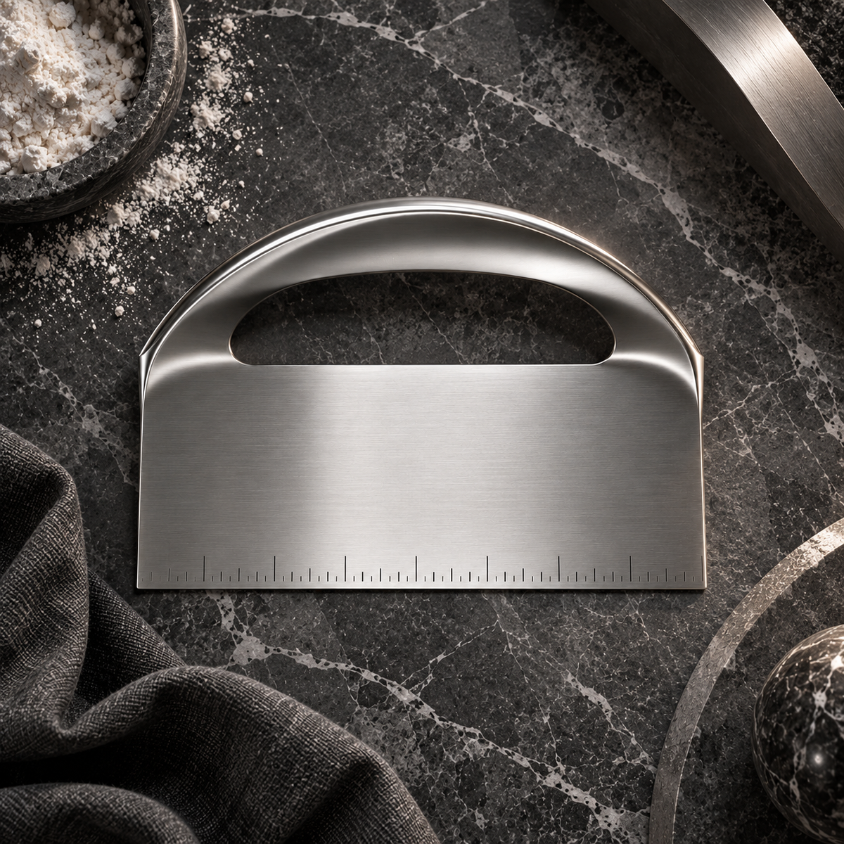 nexuvori™ ARC CUTTER — Sculptural Stainless Steel Bench Scraper · Arched Handle Dough Cutter · 6 in