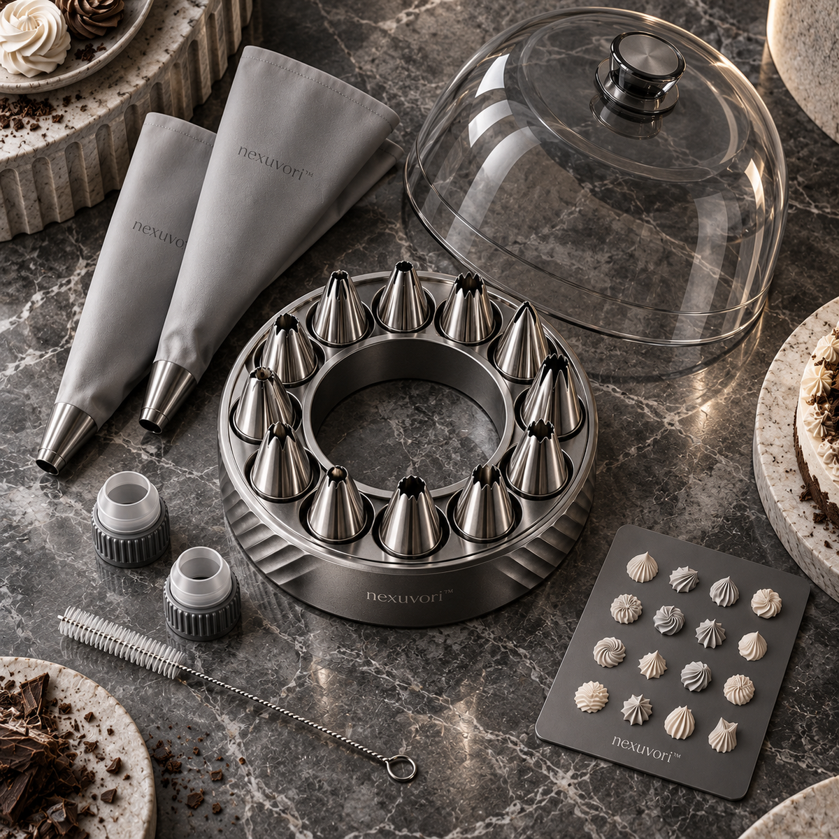 nexuvori™ NOVA PIPING — Modular Cake Decorating Kit · Stainless Steel Piping Nozzles · Reusable Bags · 20 Pieces