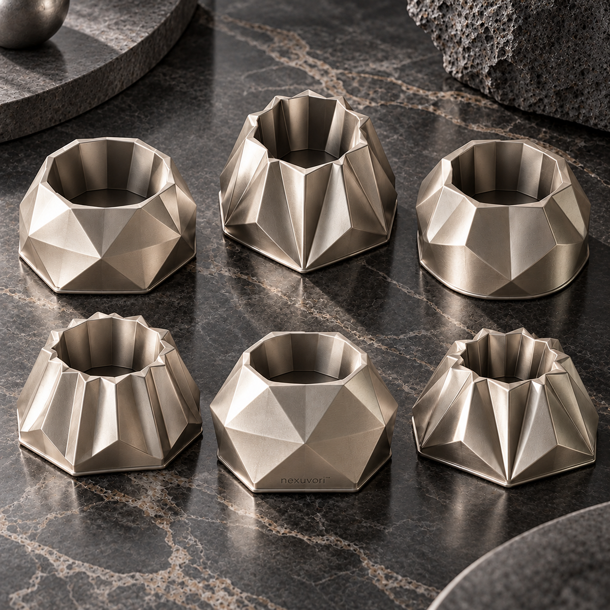 nexuvori™ PRISMATIC — Geometric Mini Cake Mold Set · Faceted Individual Dessert Pans · 6-Piece