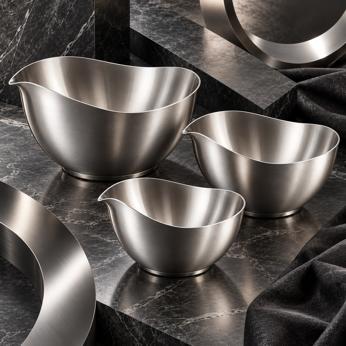 nexuvori™ AEROBOWL — Sculptural Stainless Steel Mixing Bowl Set · Asymmetric Pour-Spout Bowls · 3-Piece