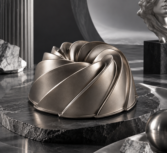 nexuvori™ HELIX FORM — Sculptural Spiral Bundt Cake Pan · Cast Aluminum Ring Cake Mold · 10-Cup