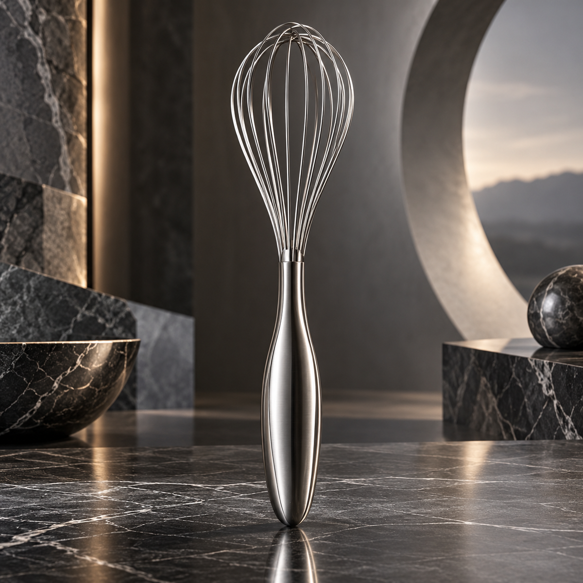 nexuvori™ FLUX WHISK — Sculptural Stainless Steel Balloon Whisk · Ergonomic 12-Inch Baking Tool