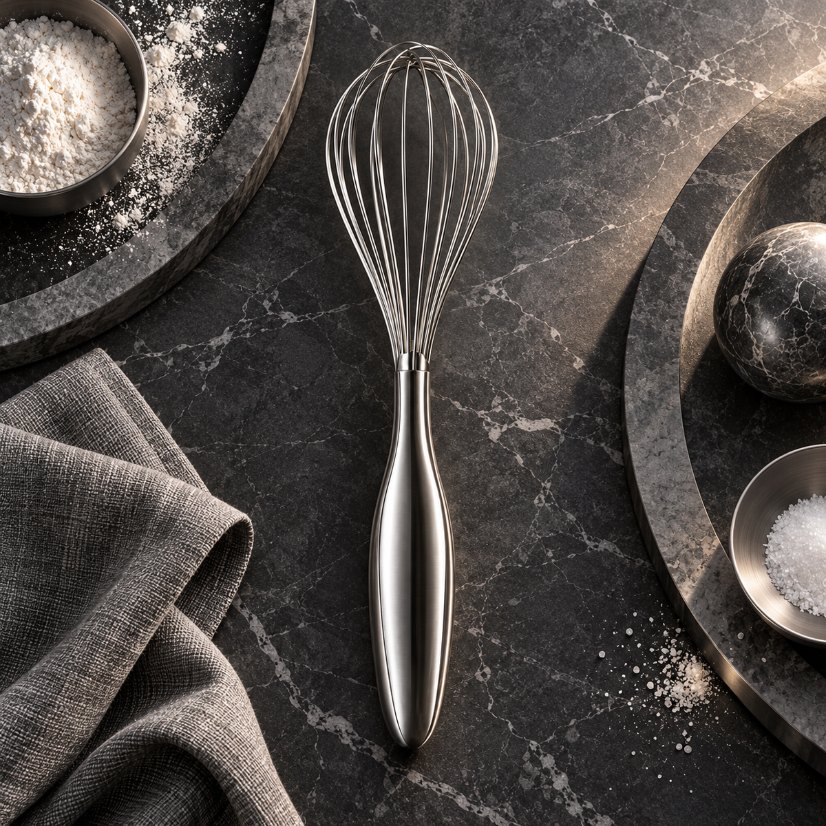 nexuvori™ FLUX WHISK — Sculptural Stainless Steel Balloon Whisk · Ergonomic 12-Inch Baking Tool