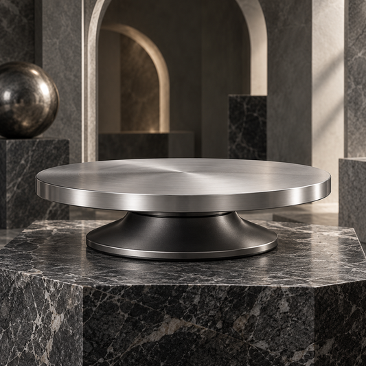 nexuvori™ ORBIT STUDIO — Sculptural Aluminum Rotating Cake Turntable · 360° Decorating Platform · 12 in