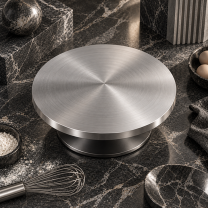 nexuvori™ ORBIT STUDIO — Sculptural Aluminum Rotating Cake Turntable · 360° Decorating Platform · 12 in