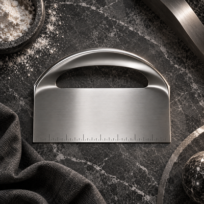 nexuvori™ ARC CUTTER — Sculptural Stainless Steel Bench Scraper · Arched Handle Dough Cutter · 6 in