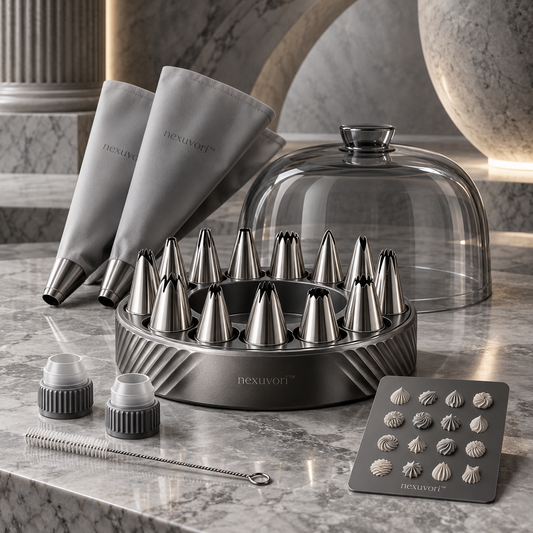 nexuvori™ NOVA PIPING — Modular Cake Decorating Kit · Stainless Steel Piping Nozzles · Reusable Bags · 20 Pieces