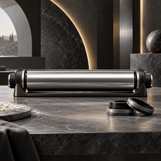 nexuvori™ AXIS ROLLER — Adjustable Stainless Steel Rolling Pin · Thickness Guide Rings · Pastry Roller