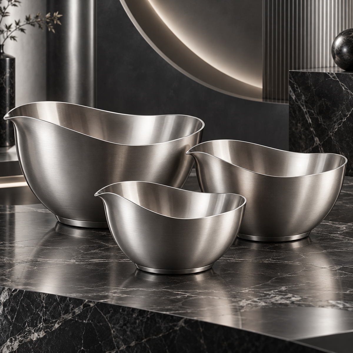 nexuvori™ AEROBOWL — Sculptural Stainless Steel Mixing Bowl Set · Asymmetric Pour-Spout Bowls · 3-Piece