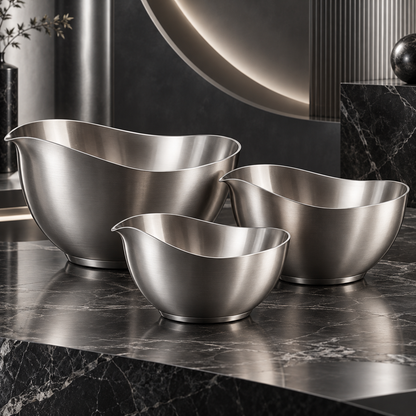 nexuvori™ AEROBOWL — Sculptural Stainless Steel Mixing Bowl Set · Asymmetric Pour-Spout Bowls · 3-Piece