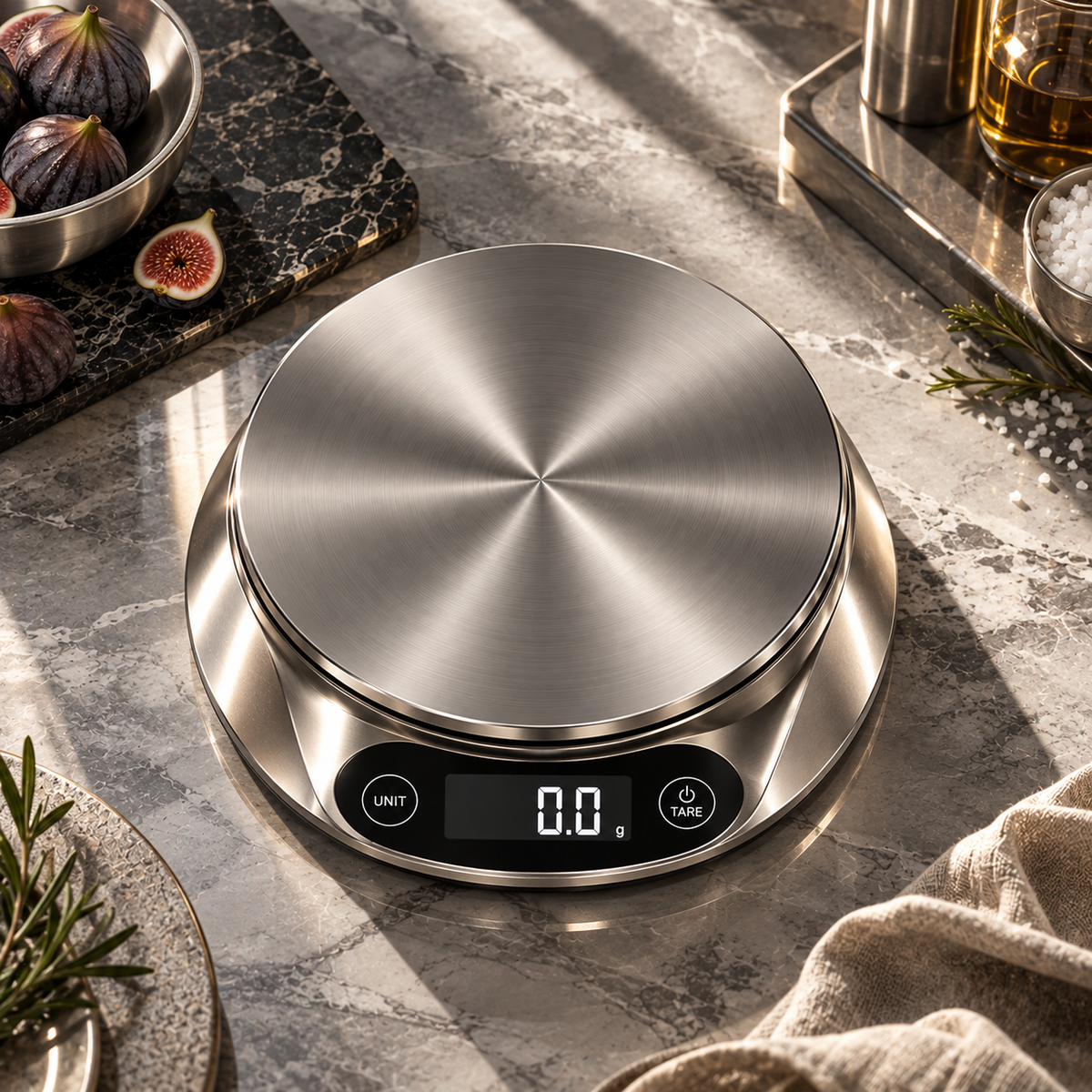 nexuvori™ MONO SCALE — Minimalist Digital Kitchen Scale · Stainless Steel Food Scale · 11 lb · Grams & Ounces