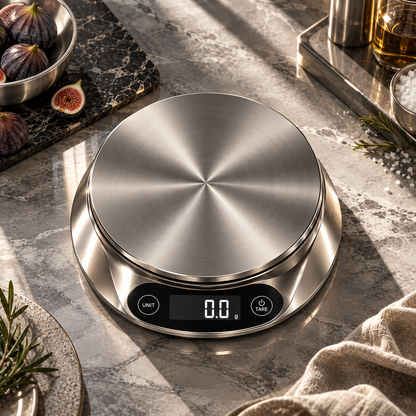 nexuvori™ MONO SCALE — Minimalist Digital Kitchen Scale · Stainless Steel Food Scale · 11 lb · Grams & Ounces
