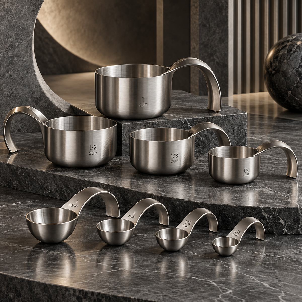 nexuvori™ ARC MEASURE — Sculptural Stainless Steel Measuring Cups & Spoons · Nesting 8-Piece US Baking Set