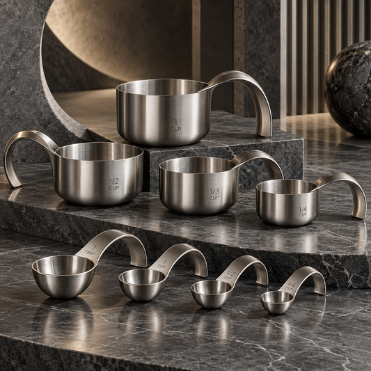 nexuvori™ ARC MEASURE — Sculptural Stainless Steel Measuring Cups & Spoons · Nesting 8-Piece US Baking Set