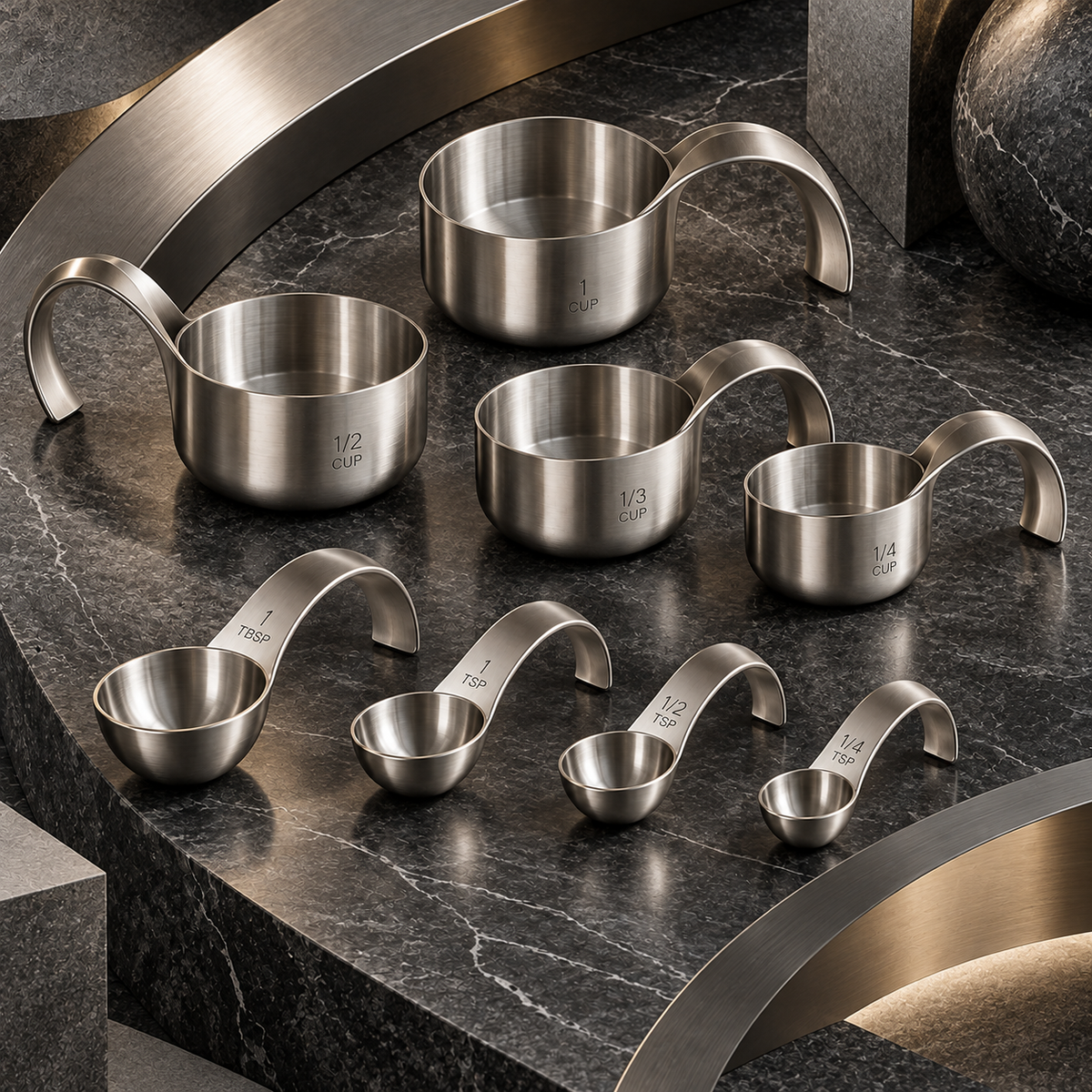nexuvori™ ARC MEASURE — Sculptural Stainless Steel Measuring Cups & Spoons · Nesting 8-Piece US Baking Set